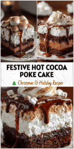 Slice of Hot Cocoa Poke Cake with marshmallow frosting and cocoa powder, a perfect Cake Mix Christmas Desserts treat.